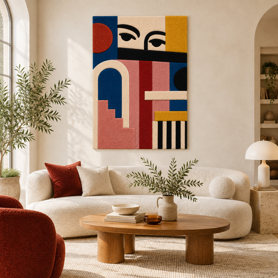 Hewn Earth Eyes Above the Stairway wall art featuring a realistic eye illustration mounted on a wall in a modern room.