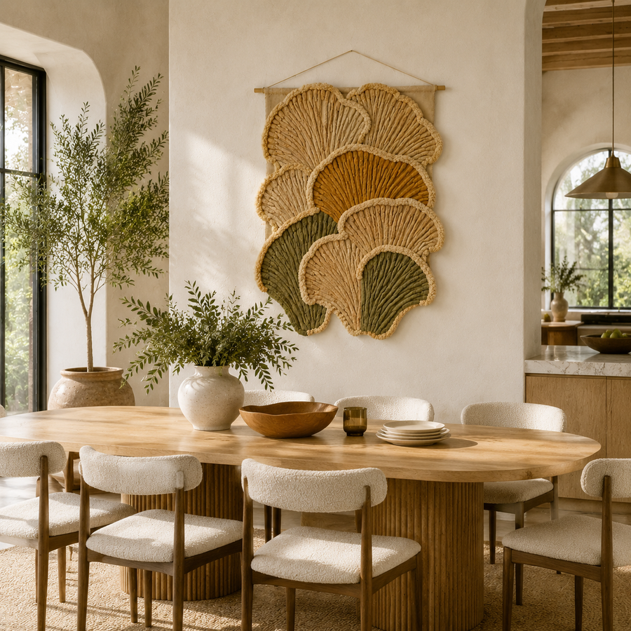 Hewn Earth Ginkgo Cascade wall art featuring a detailed illustration of cascading ginkgo leaves on a neutral background.