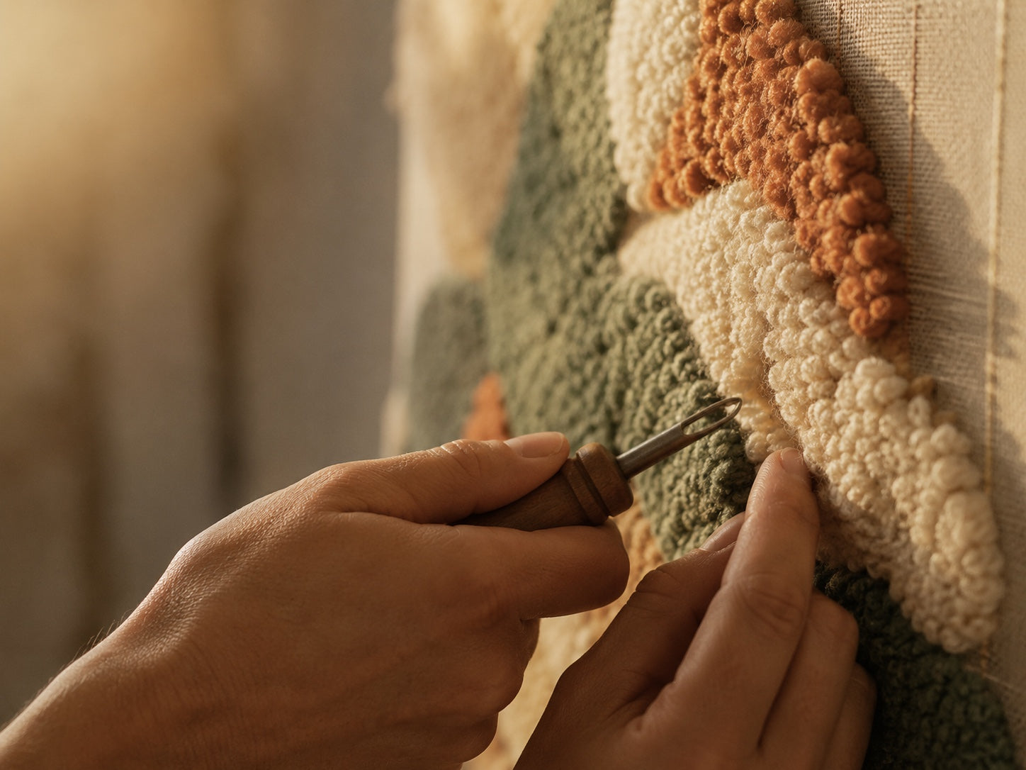 A maker's hands carving wool pile with a tufting gun