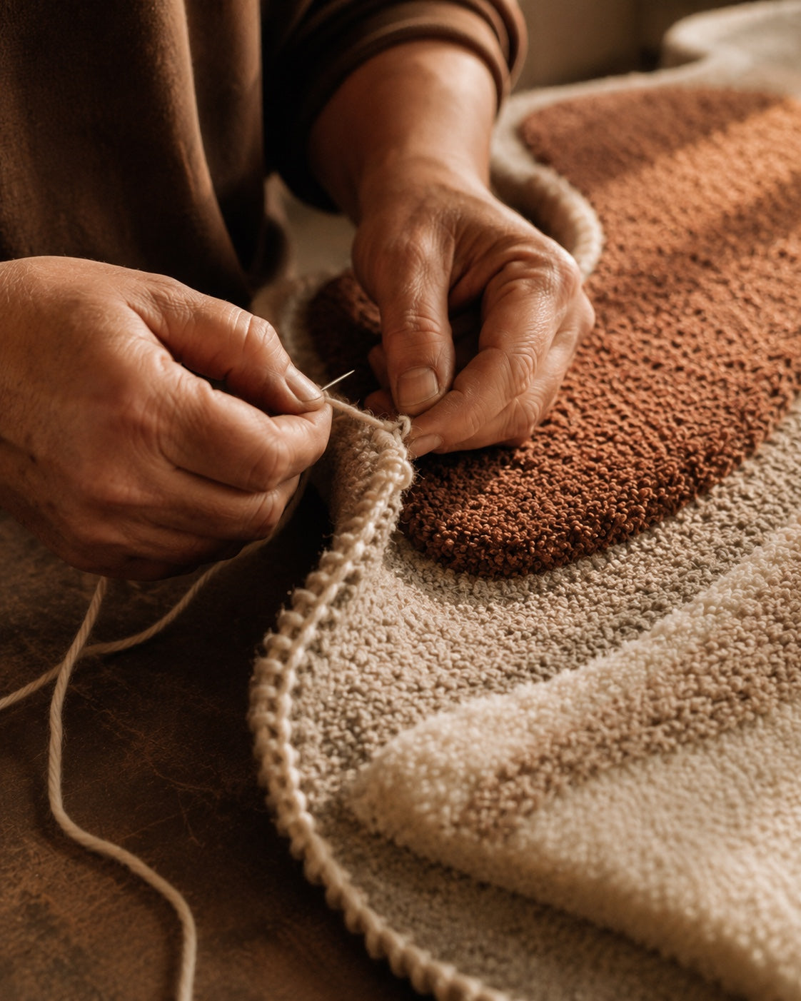 A finished hand-tufted wool piece being wrapped for shipping