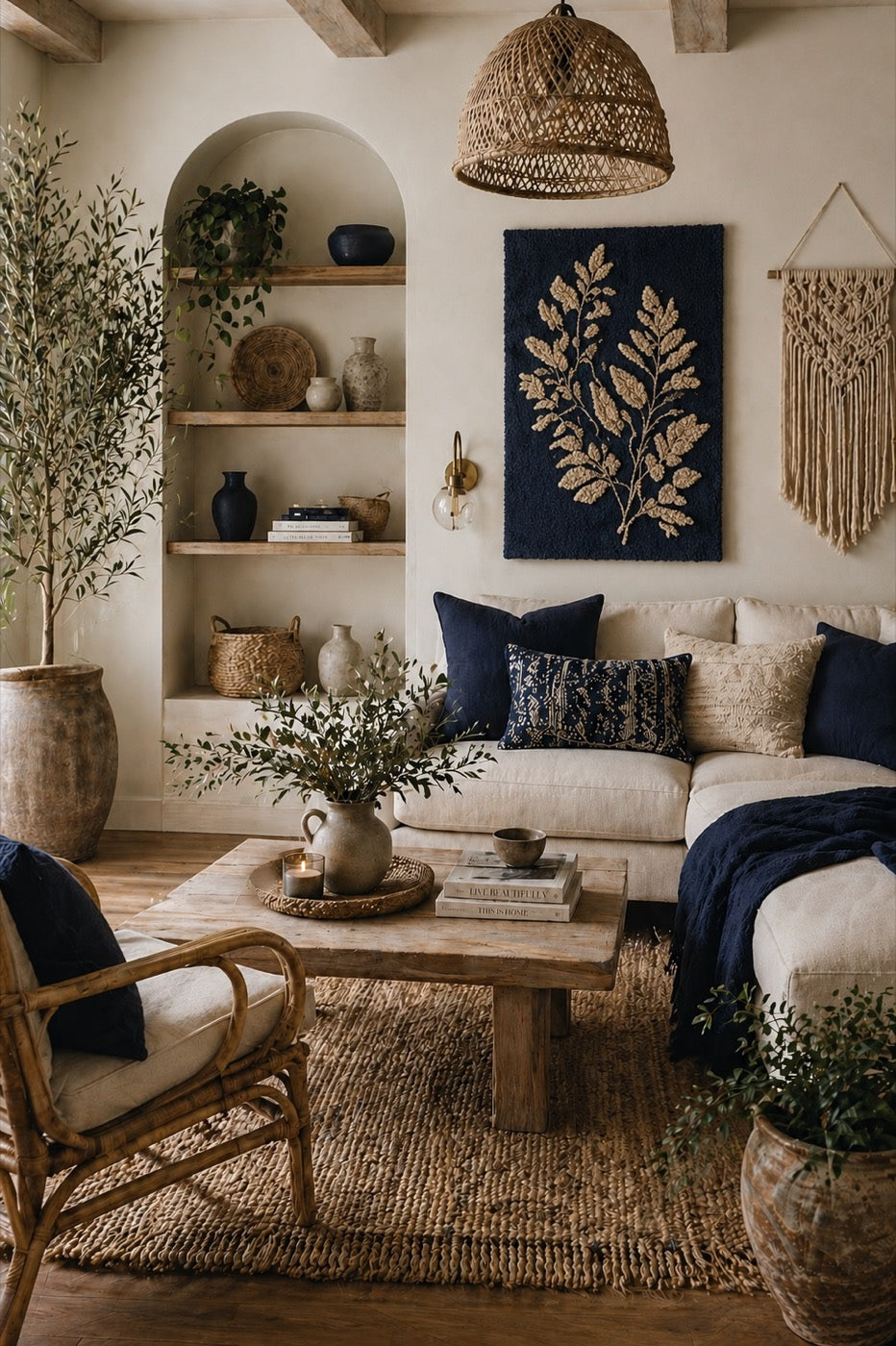 Mediterranean interior with warm sculptural wool art
