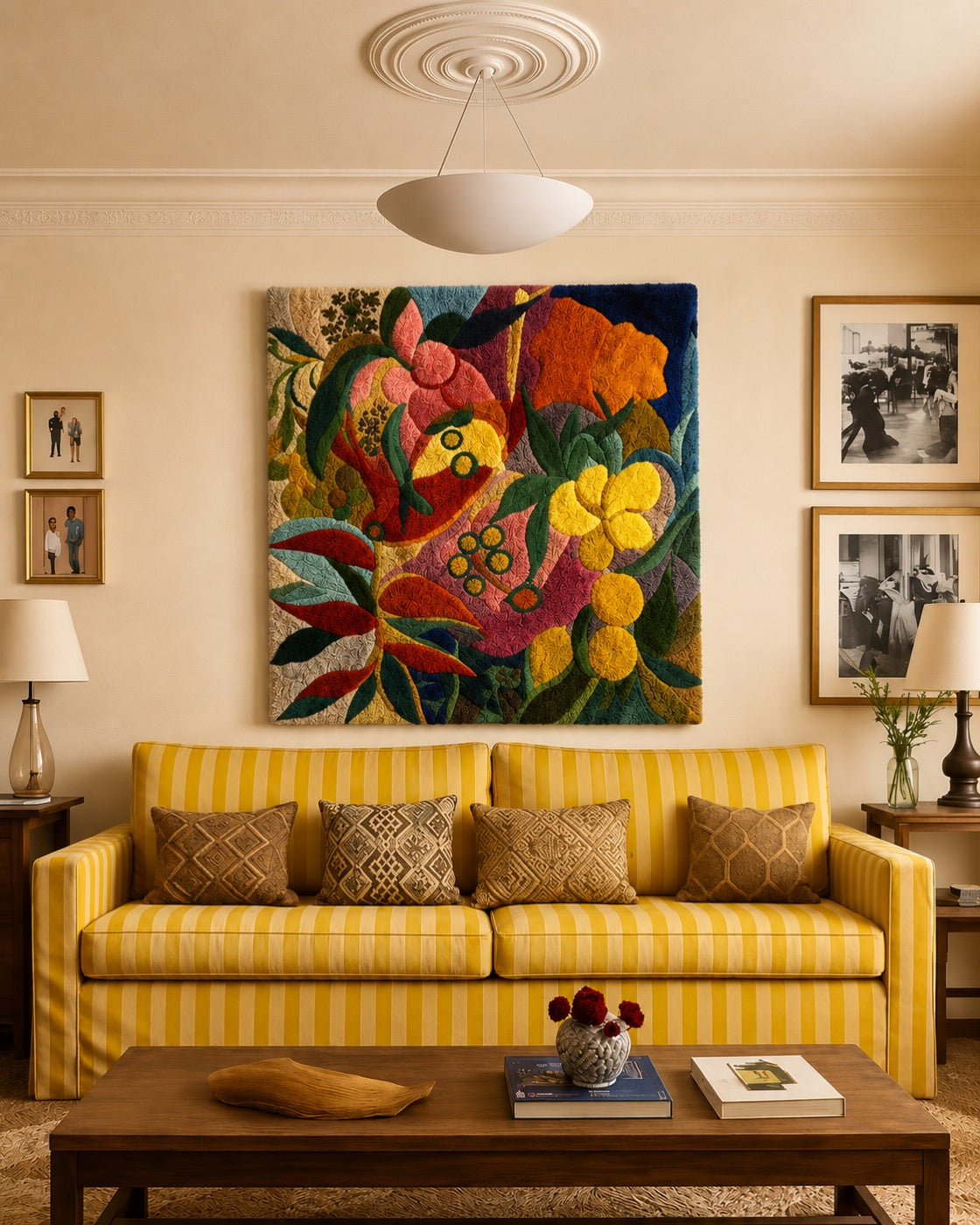 A hand-tufted wool botanical collage in coral, emerald and marigold hung above a yellow striped sofa