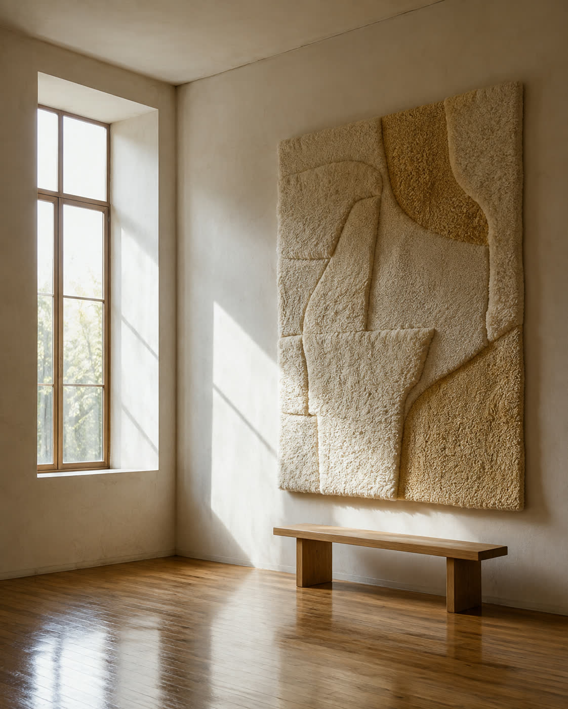 A large hand-tufted cream and ochre wool relief panel on a bare plaster wall above an oak bench, in a room of polished oak floorboards