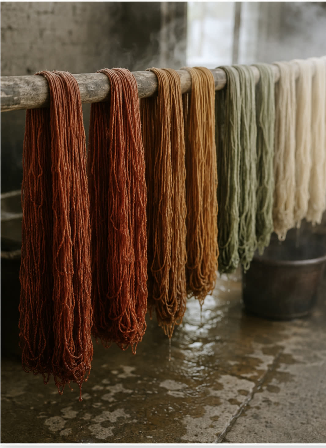 Freshly dyed wool skeins in rust, ochre, sage and cream hanging to dry on a wooden rail above a wet stone floor