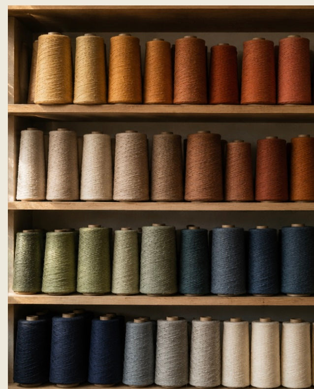 Shelves of dyed wool cones arranged by hue โ ochre, rust, sage, navy and cream