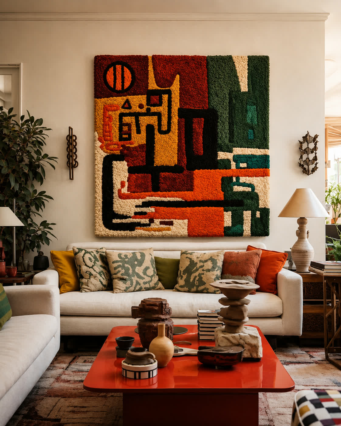 A large hand-tufted wool modernist abstract in oxblood, orange and forest green hung above a cream sofa