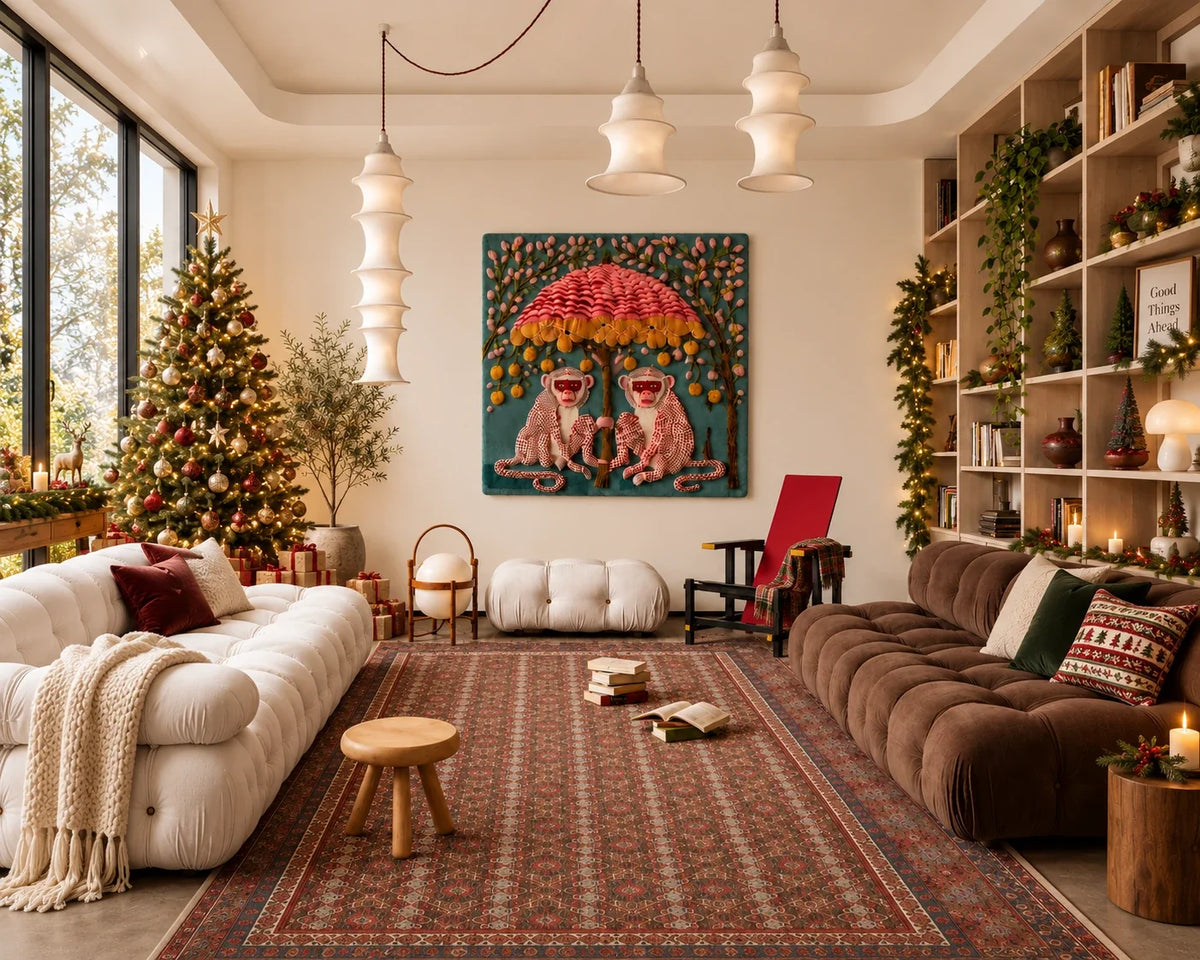Hand-tufted wool tapestry of two monkeys under a pink tree, hung in a living room decorated for Christmas