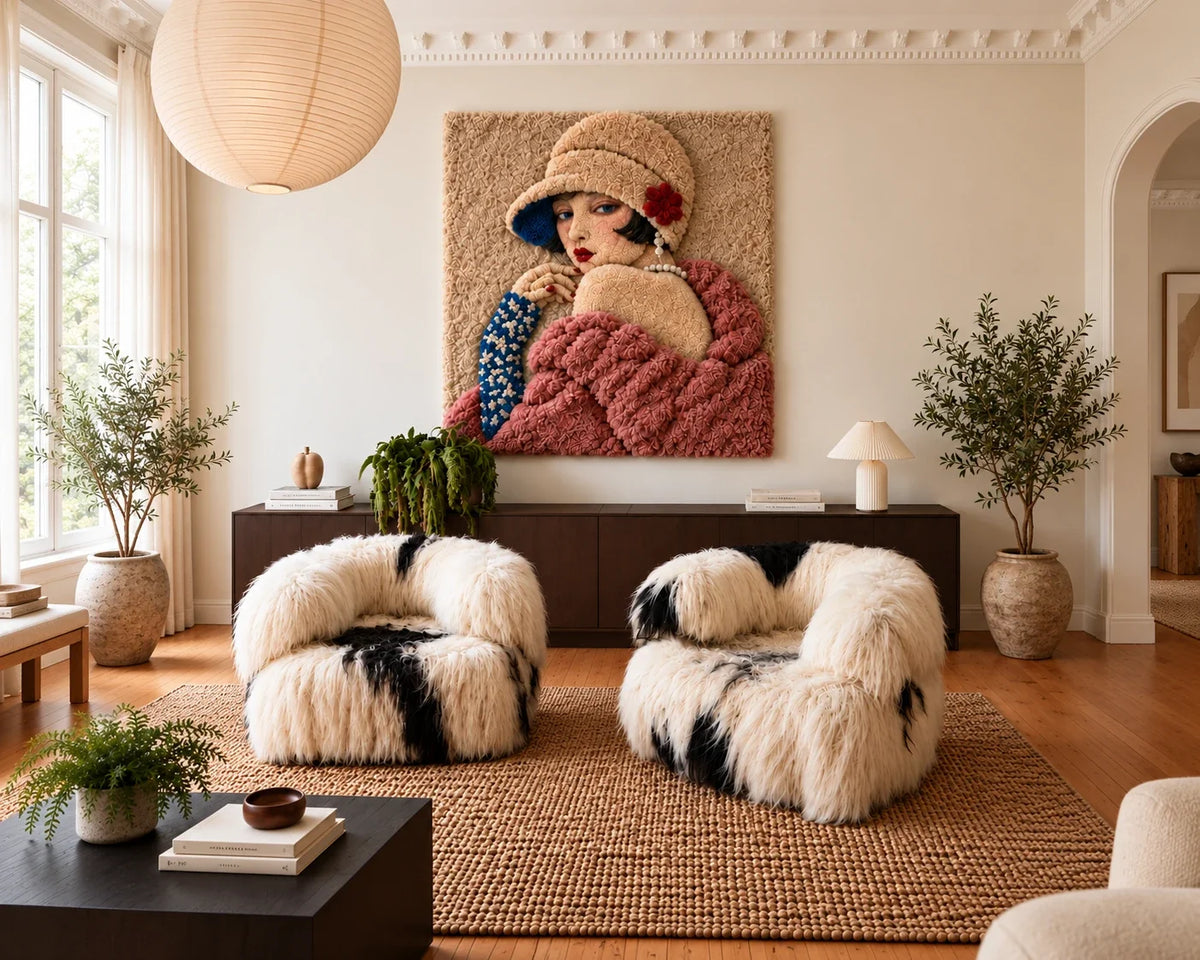 Hand-tufted wool portrait of a 1920s woman in a cloche hat, hung above a dark sideboard between two shaggy armchairs