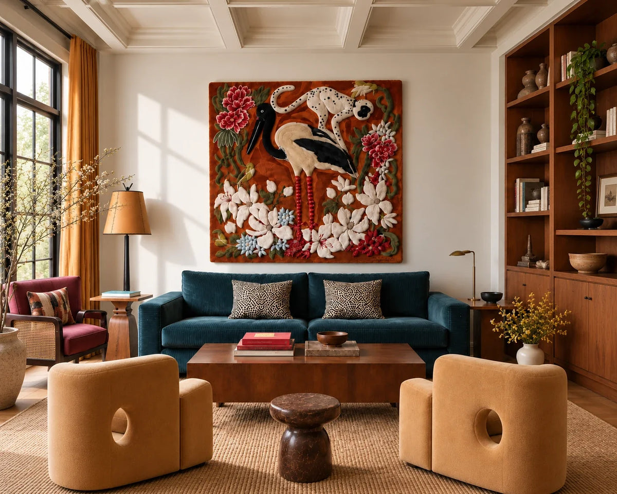 Hand-tufted wool tapestry of a stork and leopard among flowers, hung above a teal velvet sofa