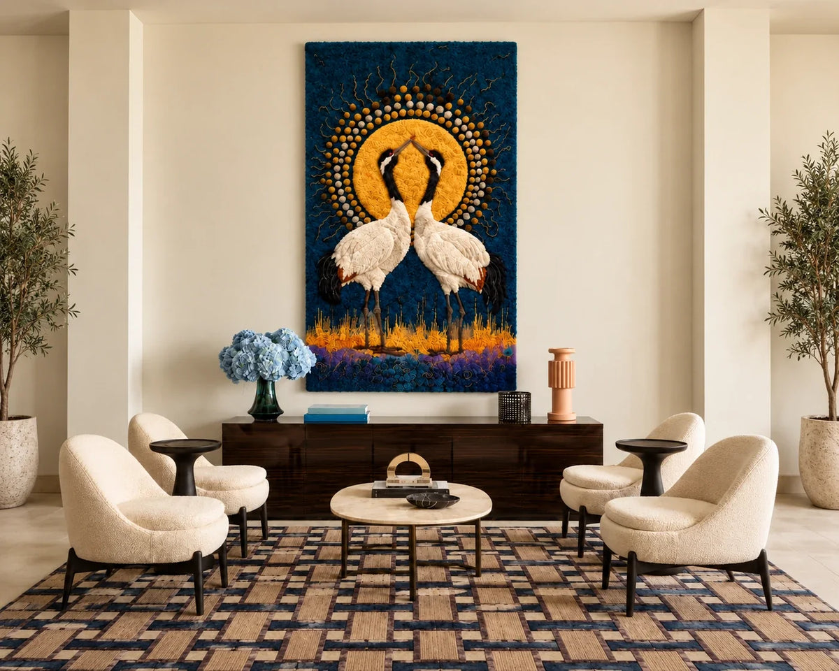 Large crane tapestry in navy and gold hung above a dark sideboard, sized to the furniture below
