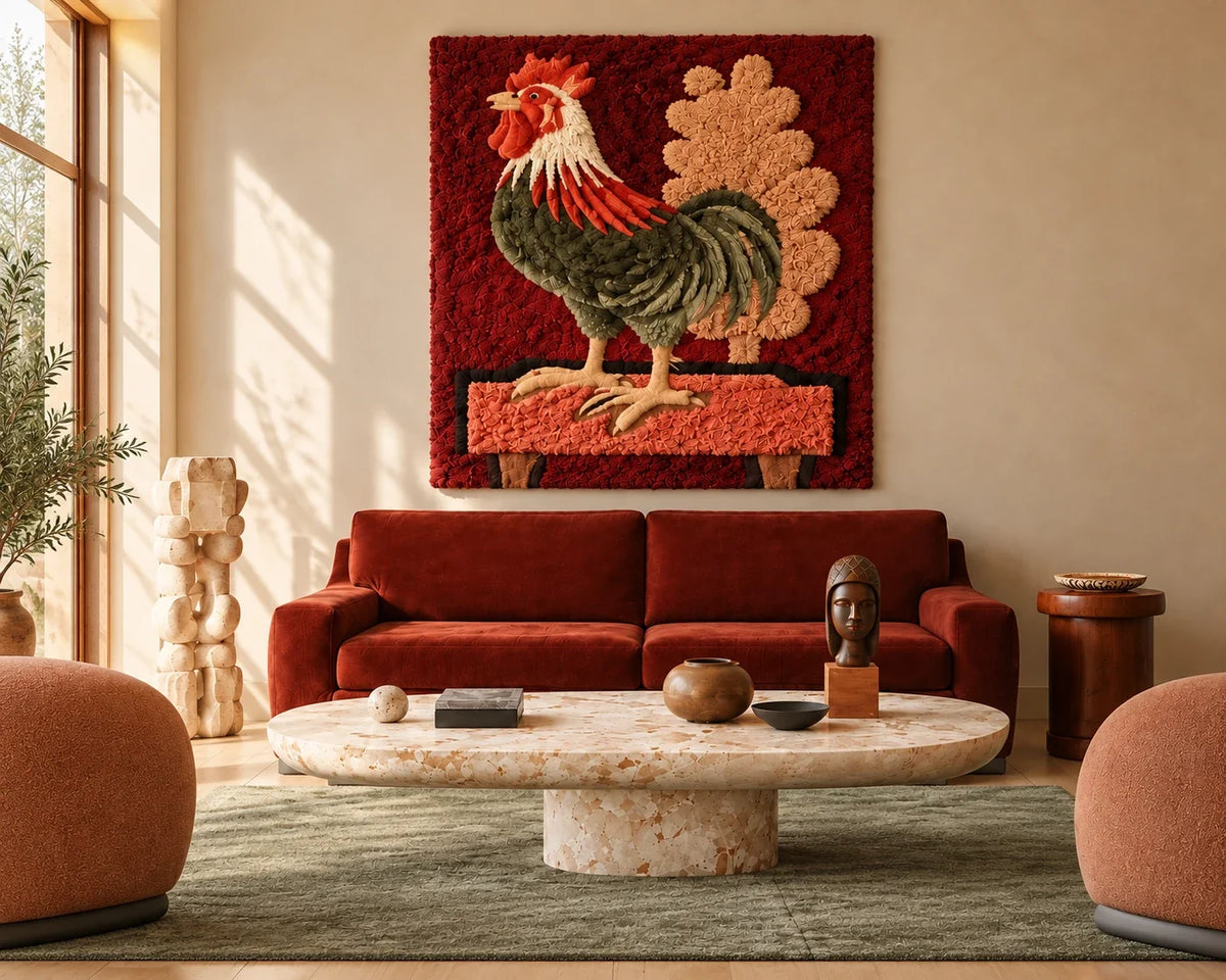 Hand-tufted wool rooster tapestry in deep red above a rust velvet sofa in a sunlit living room