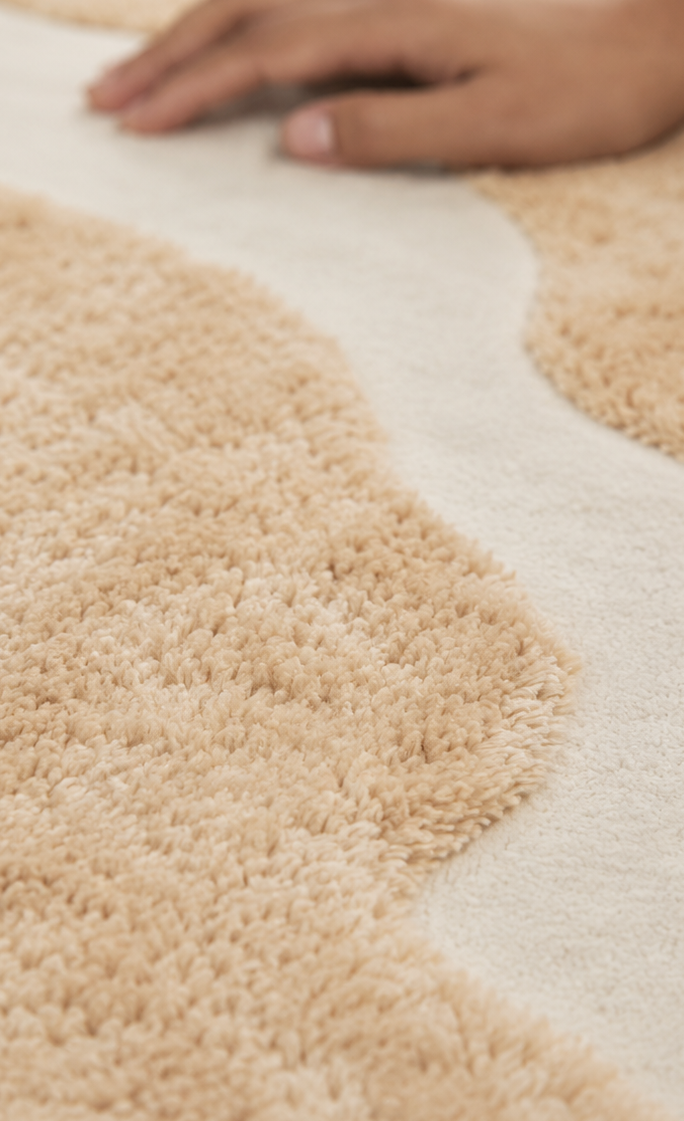 Hewn Earth Studio Bloom rug in sand and cream with a textured, woven pattern, showcasing a soft and neutral design.