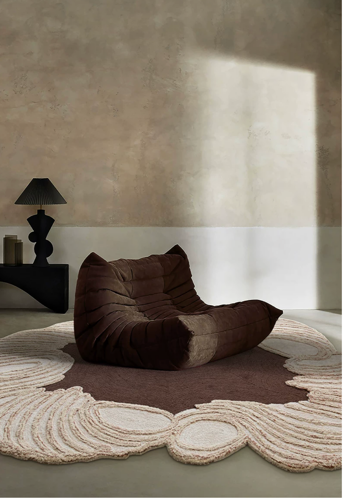 Hewn Earth Studio Camellia rug with cocoa bloom pattern, featuring soft, textured fabric in a cozy, stylish design.