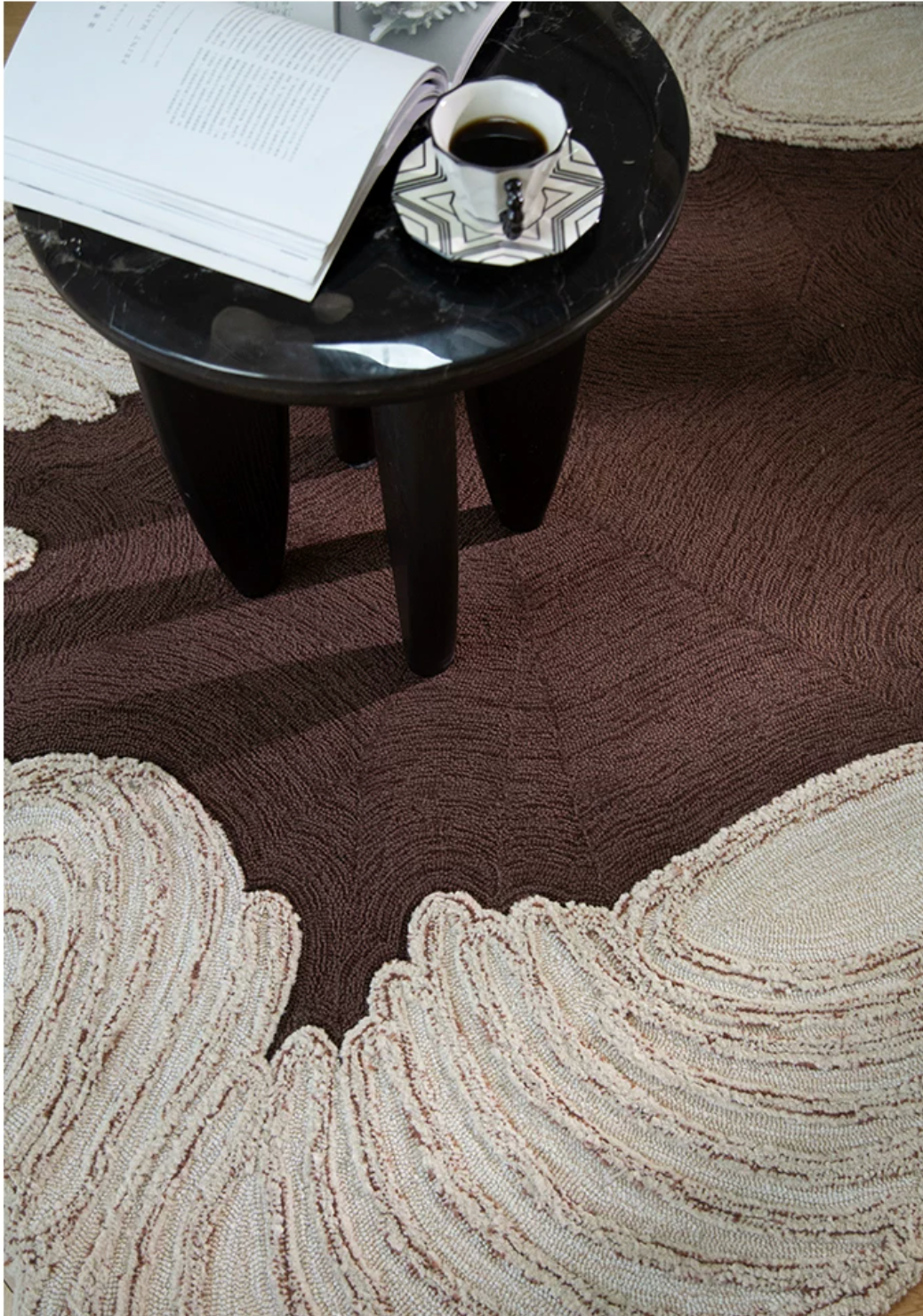 Hewn Earth Studio Camellia rug in Cocoa Bloom with floral pattern, soft textured design for cozy living spaces.
