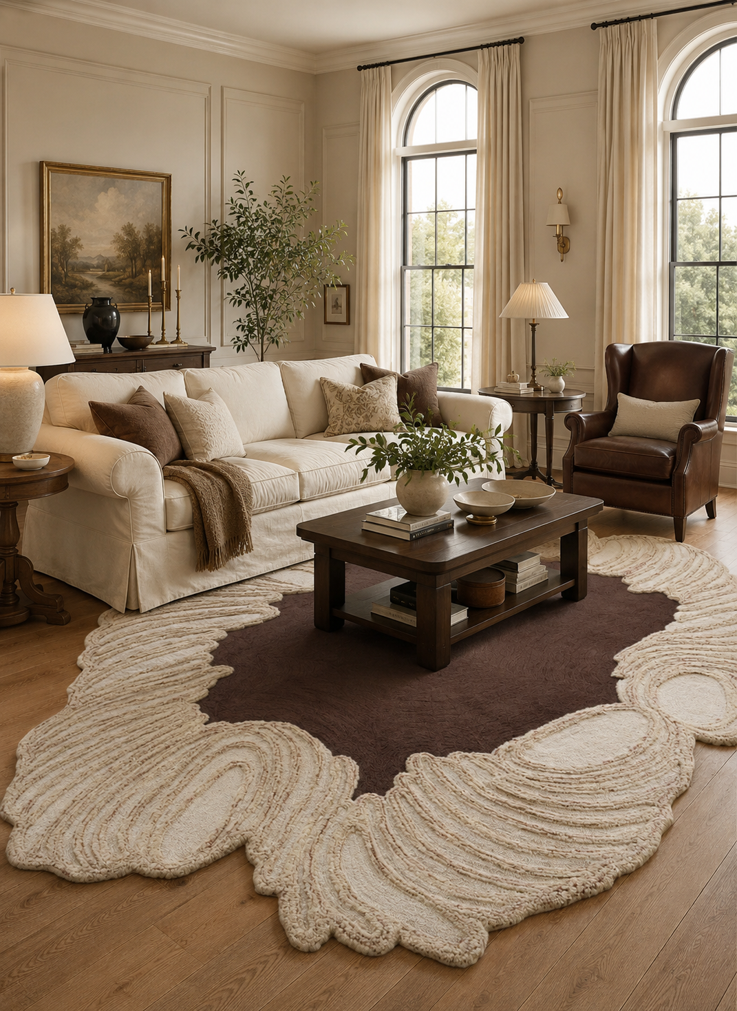 Hewn Earth Studio Camellia rug with cocoa bloom pattern, showcasing intricate design and soft texture in a close-up scene.