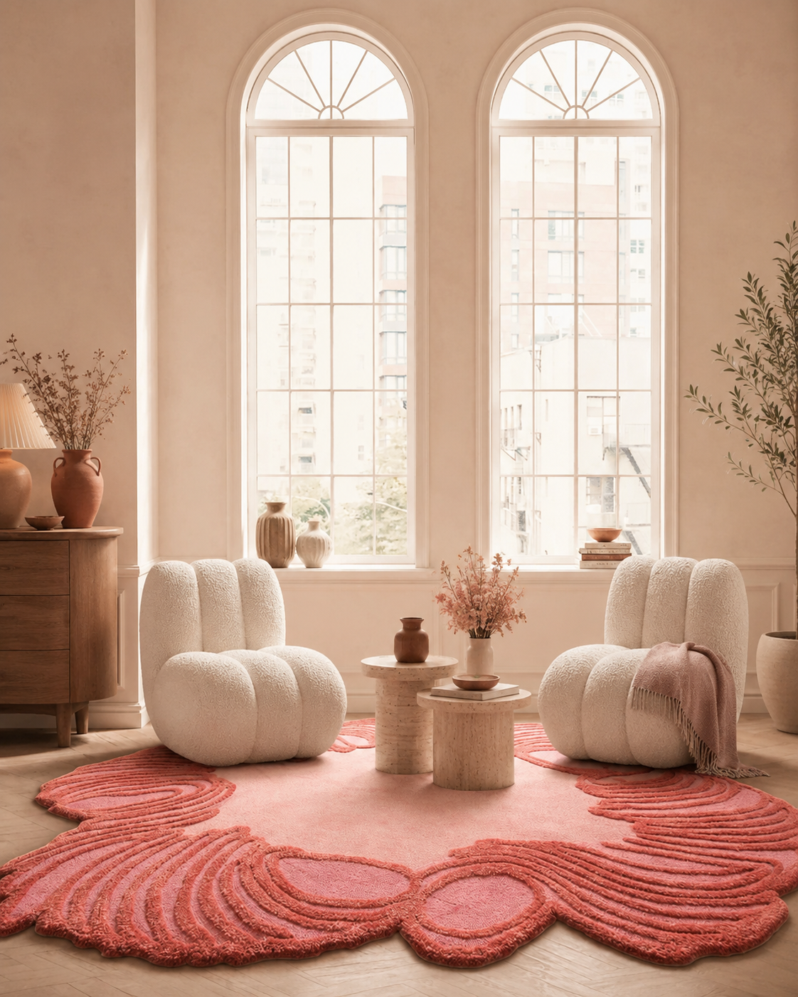 Hewn Earth Studio Camellia coral-colored rug with floral pattern, showcasing intricate design and soft texture.