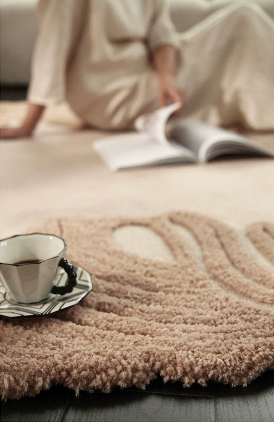 Hewn Earth Studio Camellia rug in Oat Bloom color with floral pattern, soft and textured for cozy home decor.