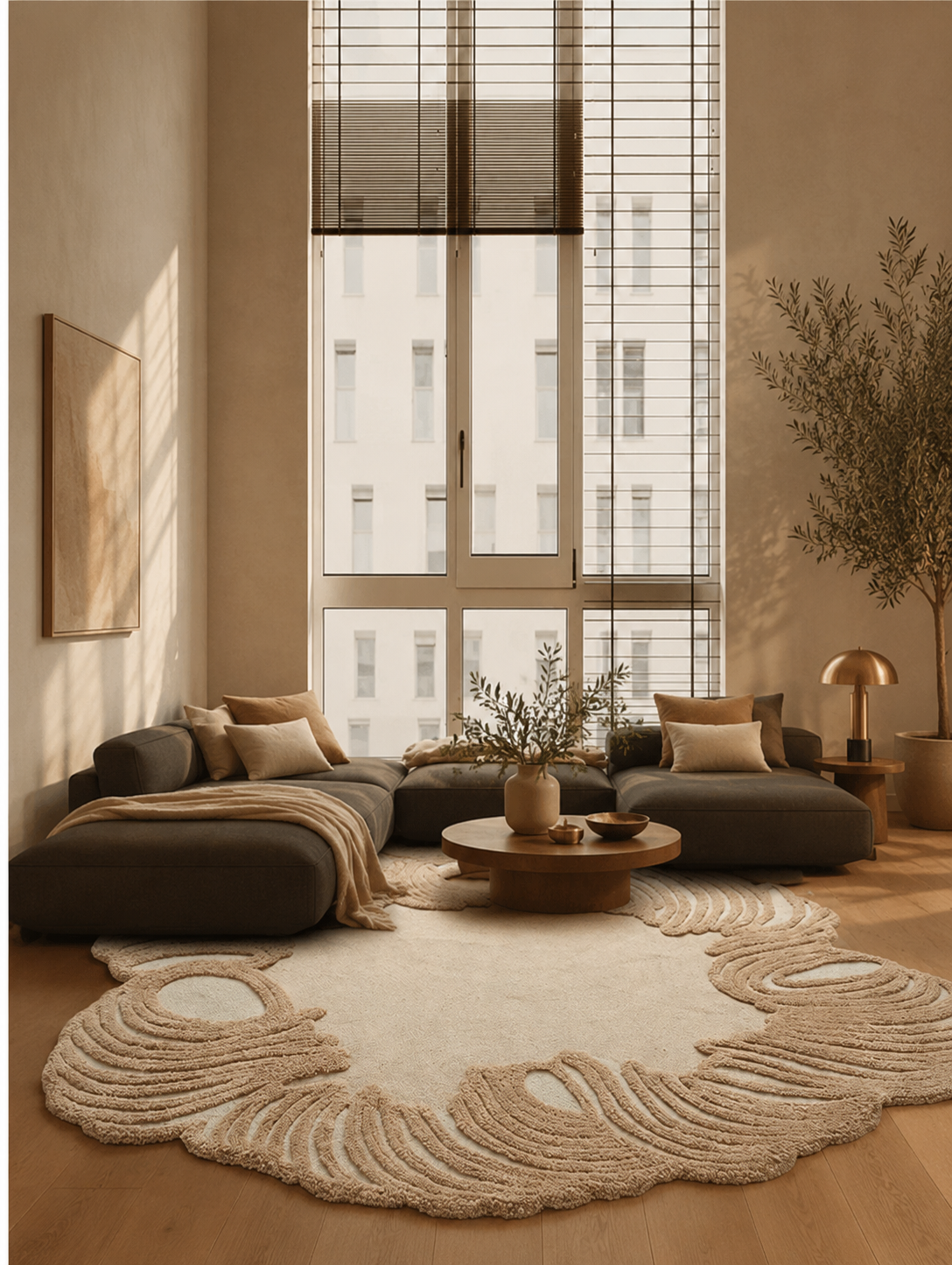 Hewn Earth Studio Camellia rug in oat bloom with floral pattern, showcasing soft textures and intricate design on a cozy living space.