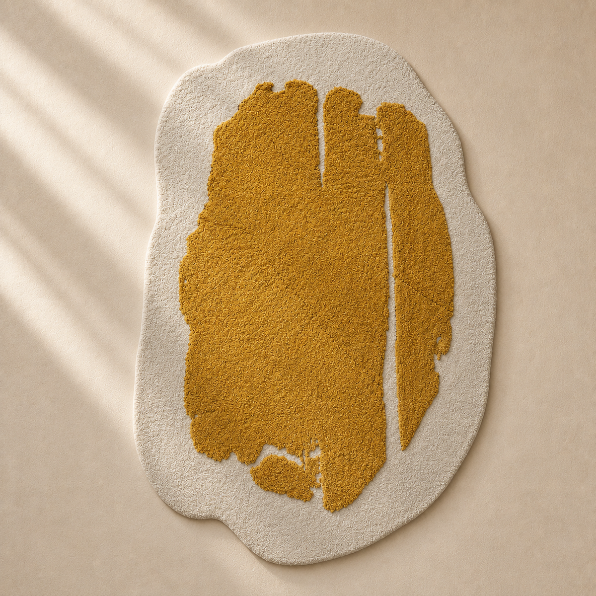 Gold leaf foil rug by Hewn Earth Studio featuring a shiny, metallic gold design with textured surface and intricate pattern.