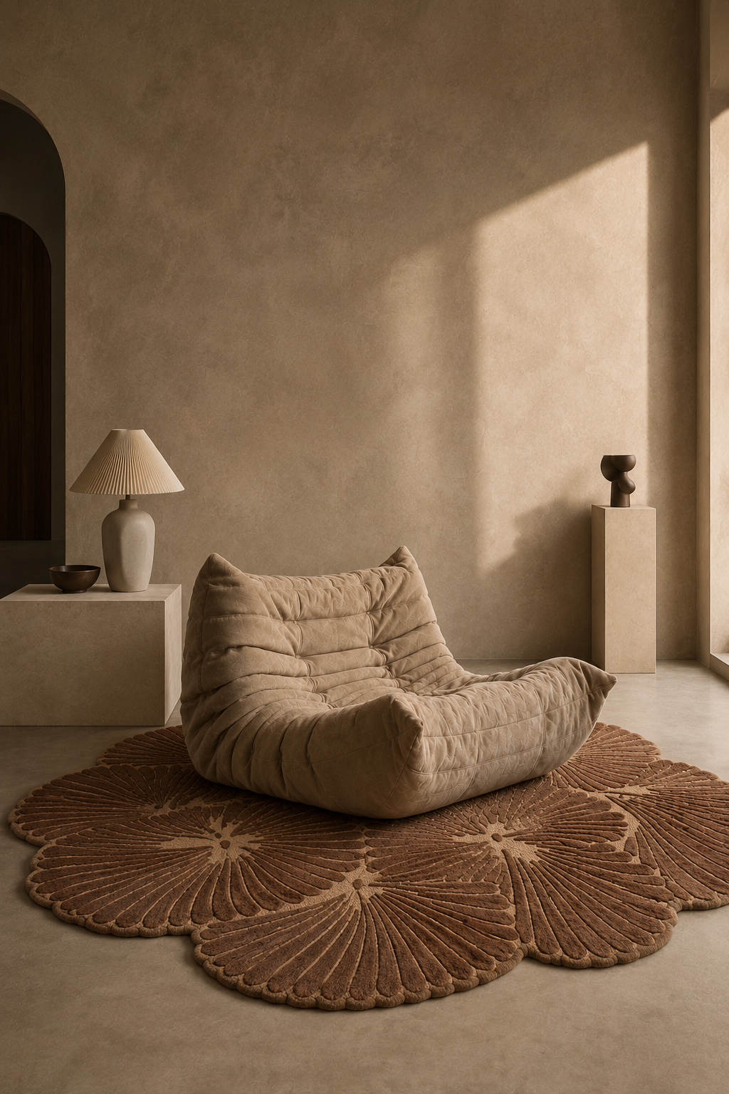 Hewn Earth Studio Frond rug in cocoa color, with a textured, leafy design suitable for modern living spaces