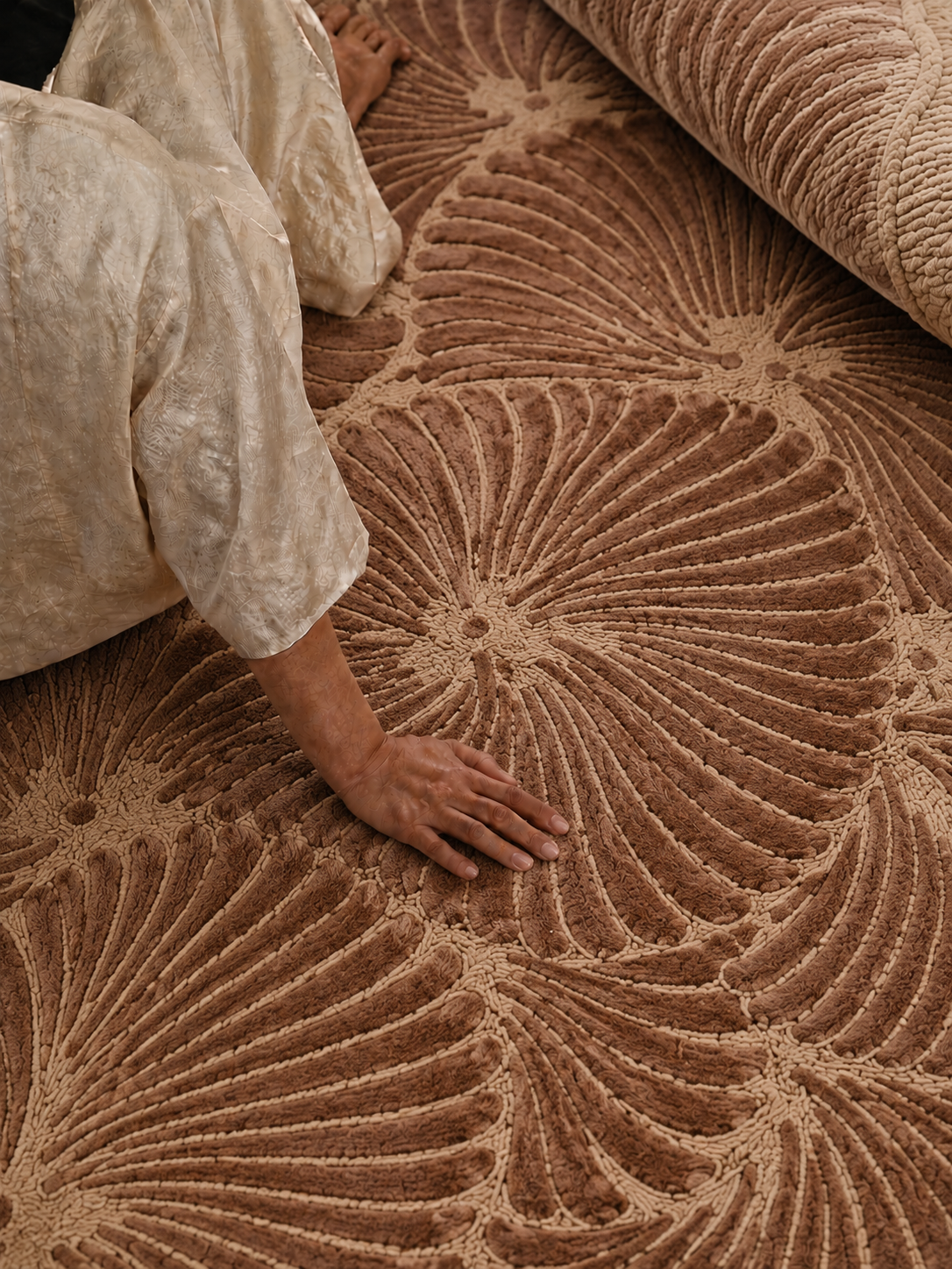 Hewn Earth Studio Frond rug in cocoa color, featuring a natural woven design with leaf-inspired pattern.