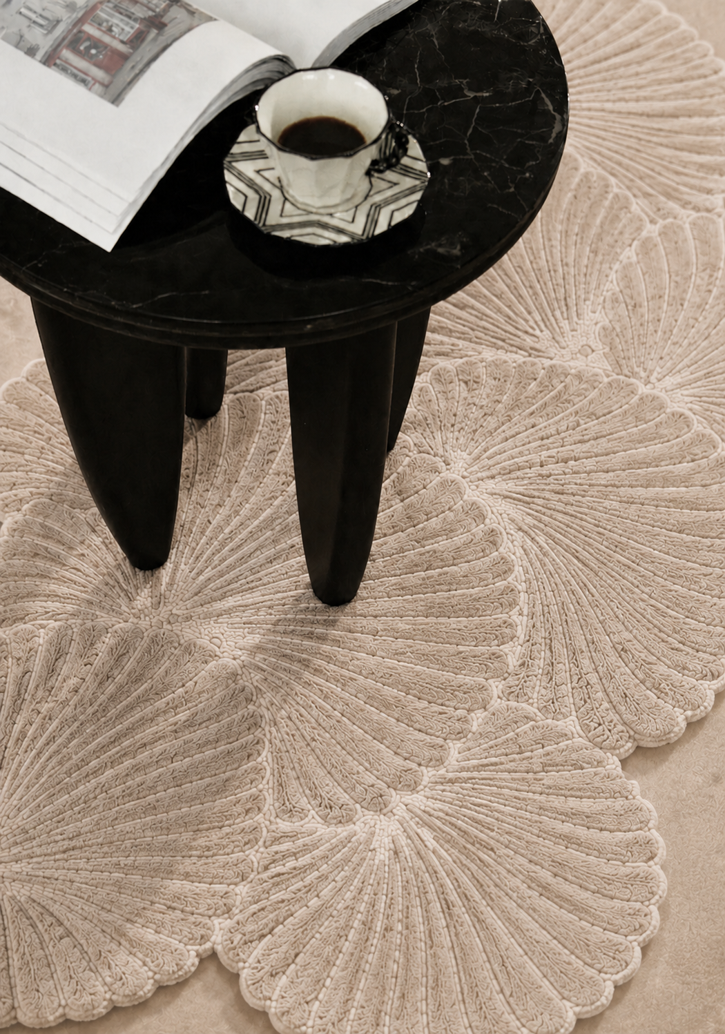 Hewn Earth Studio Frond rug in oat color, featuring a textured, leafy design suitable for cozy living spaces.