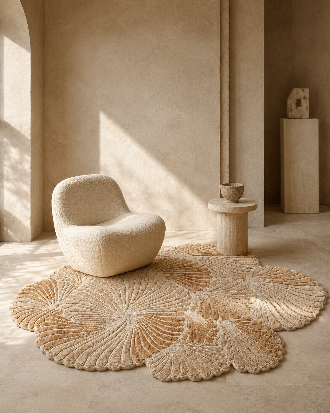 Hewn Earth Studio Frond rug in sand color, displaying textured woven pattern on a neutral floor for cozy home decor.