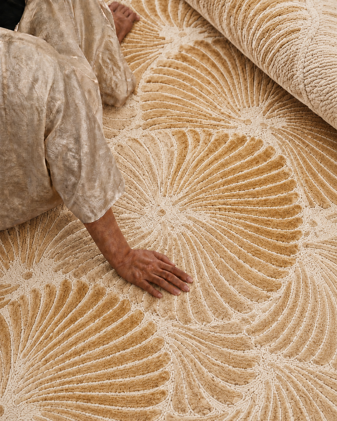 Hewn Earth Studio Frond rug in sand color, showcasing a textured, natural woven design suitable for modern living spaces.