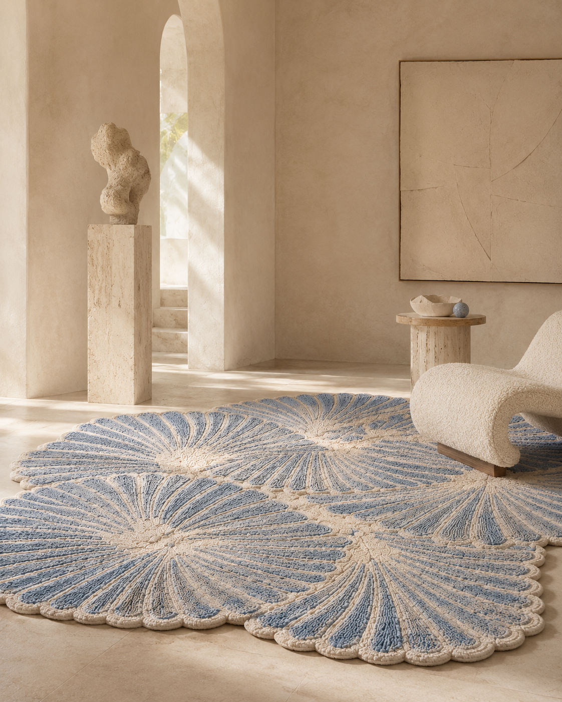 Hewn Earth Studio Frond slate rug with a textured, leafy pattern, shown in a cozy reading area setting.
