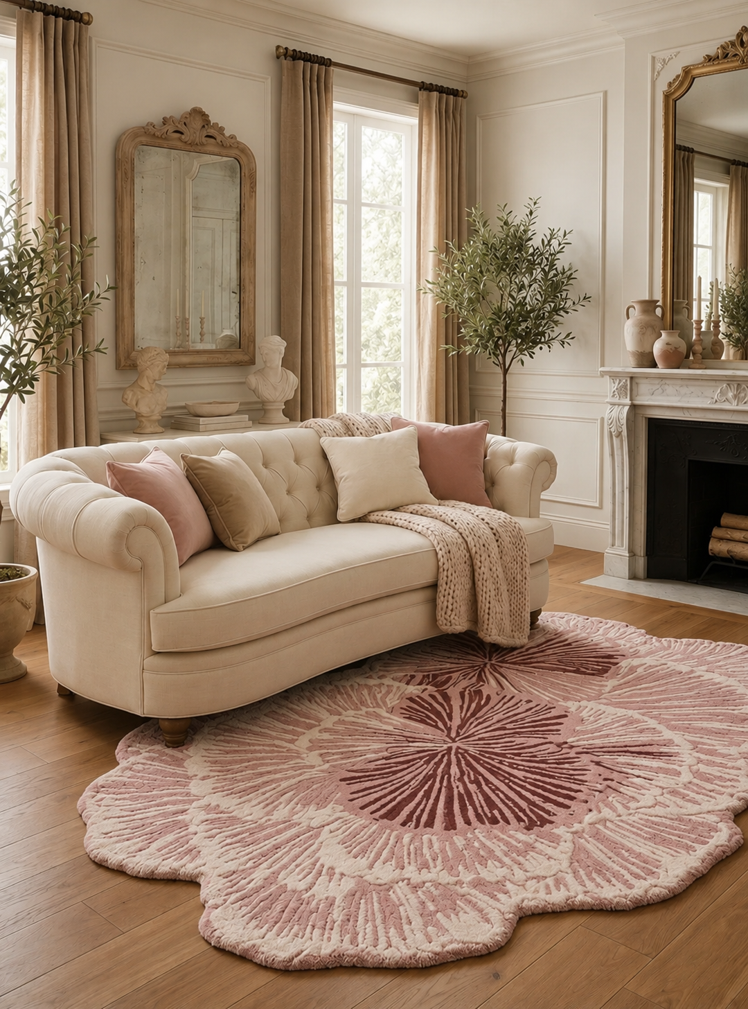 Hewn Earth Studio blush pink Lotus rug with intricate floral pattern, soft texture, placed in a contemporary room setting.
