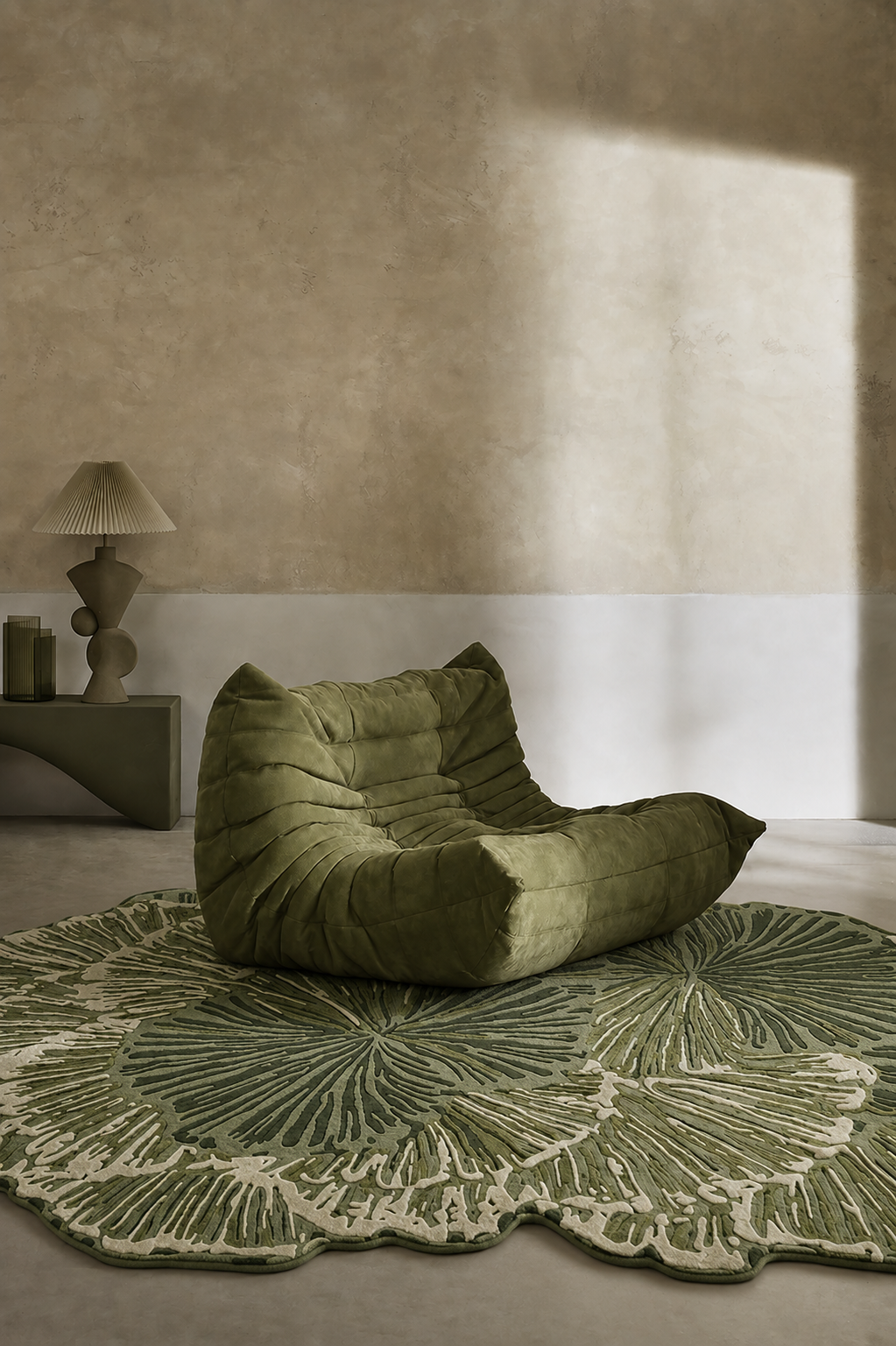 Fern green Lotus rug by Hewn Earth Studio featuring a detailed, textured design suitable for living room or bedroom decor.