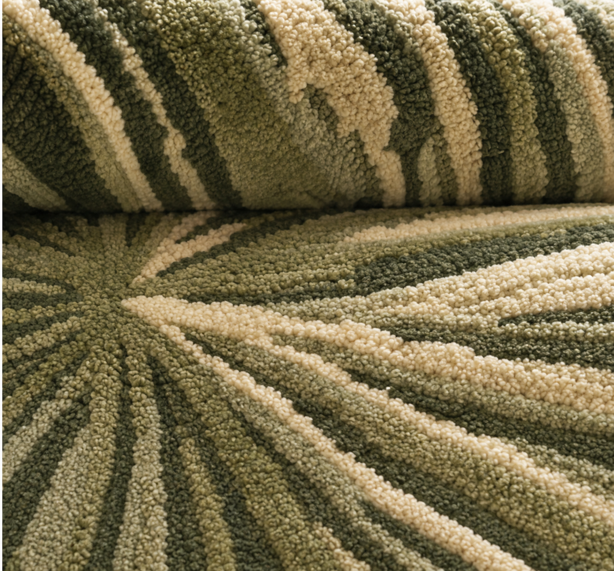 Hewn Earth Studio Lotus rug in fern green with intricate woven design, showcasing natural fiber texture and detailed craftsmanship.