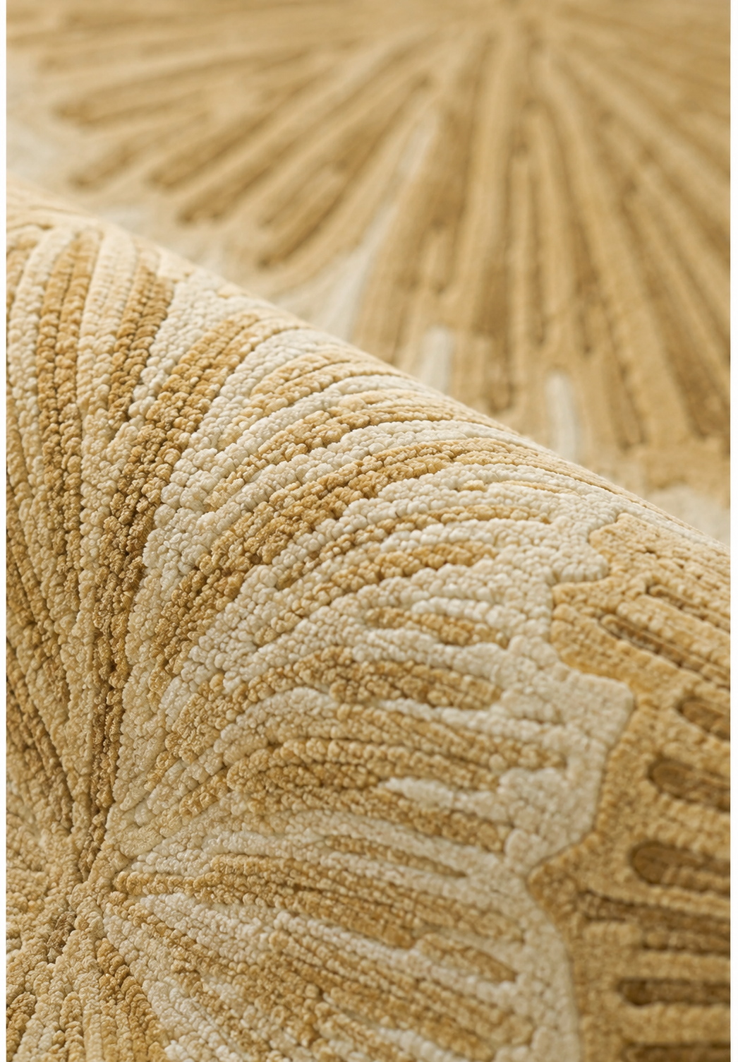 Close-up of Hewn Earth Studio Lotus rug in golden wheat color, showcasing intricate woven pattern and texture.