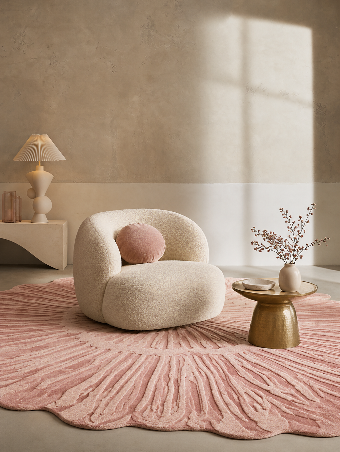 Hewn Earth Studio Solene rug in marigold, coral, and blush colors, featuring a soft, textured design suitable for modern home decor.