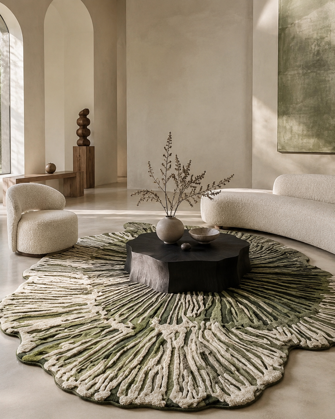 Hewn Earth Studio Solene rug with marigold and fern bloom pattern, soft woven textile for living room decor.