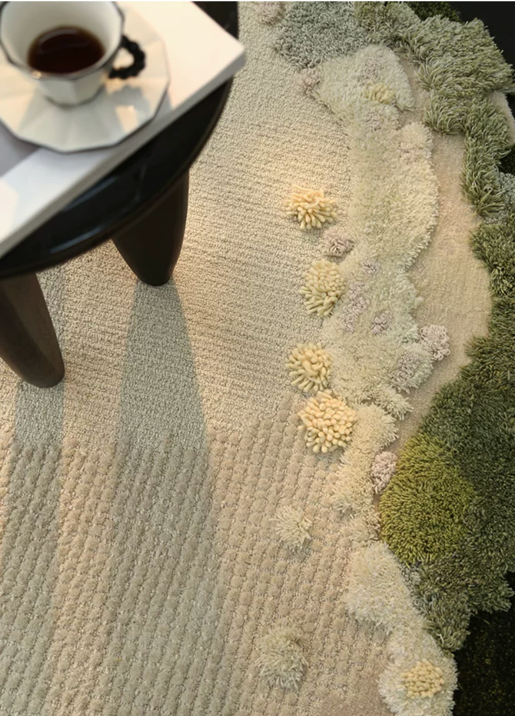 Hewn Earth Studio Meadow Moss rug with lush green moss pattern, natural fiber texture, and detailed craftsmanship.
