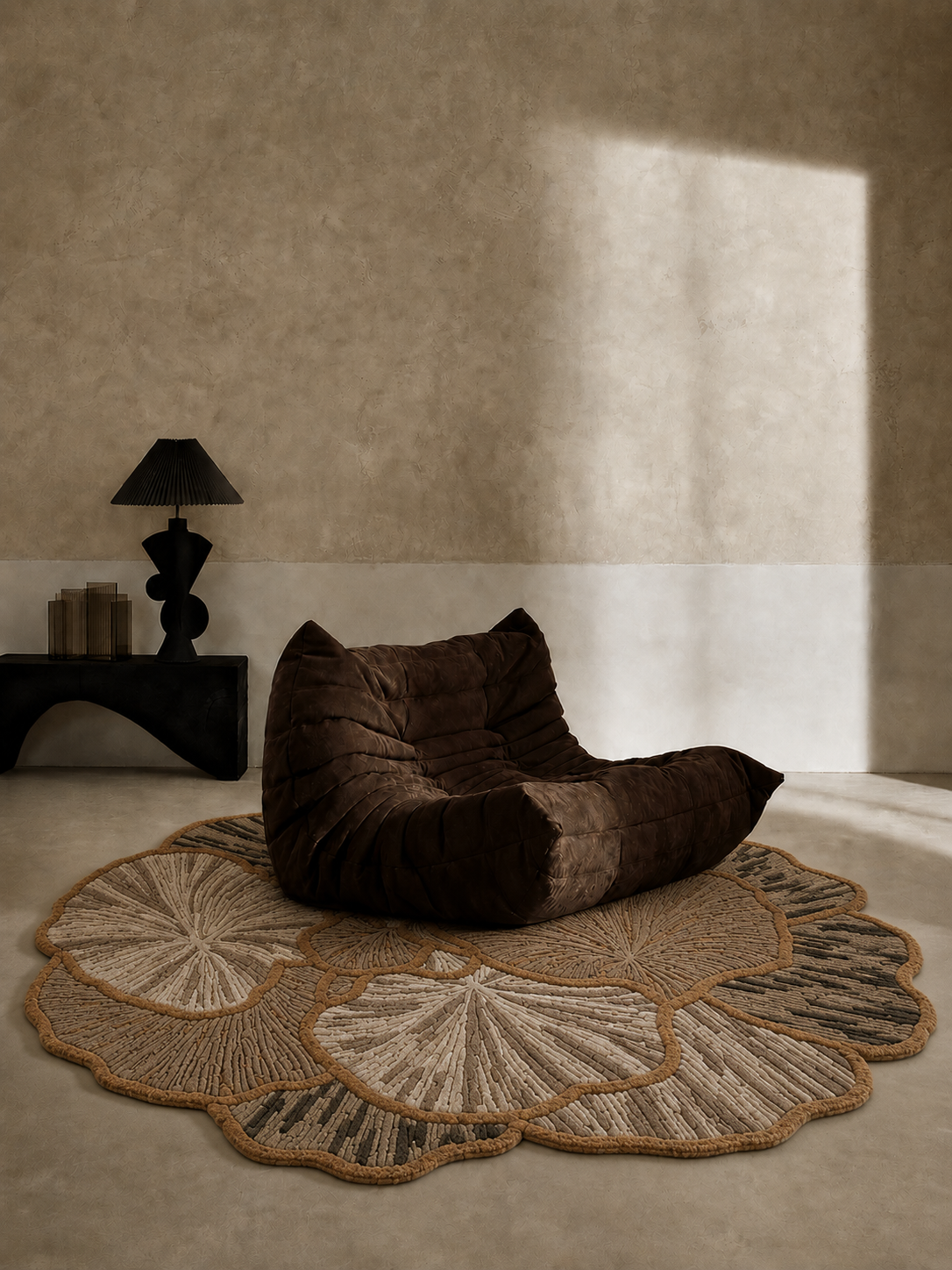 Hewn Earth Studio Petal rug in ash and rust colors, featuring a soft, textured textile design suitable for cozy living spaces.