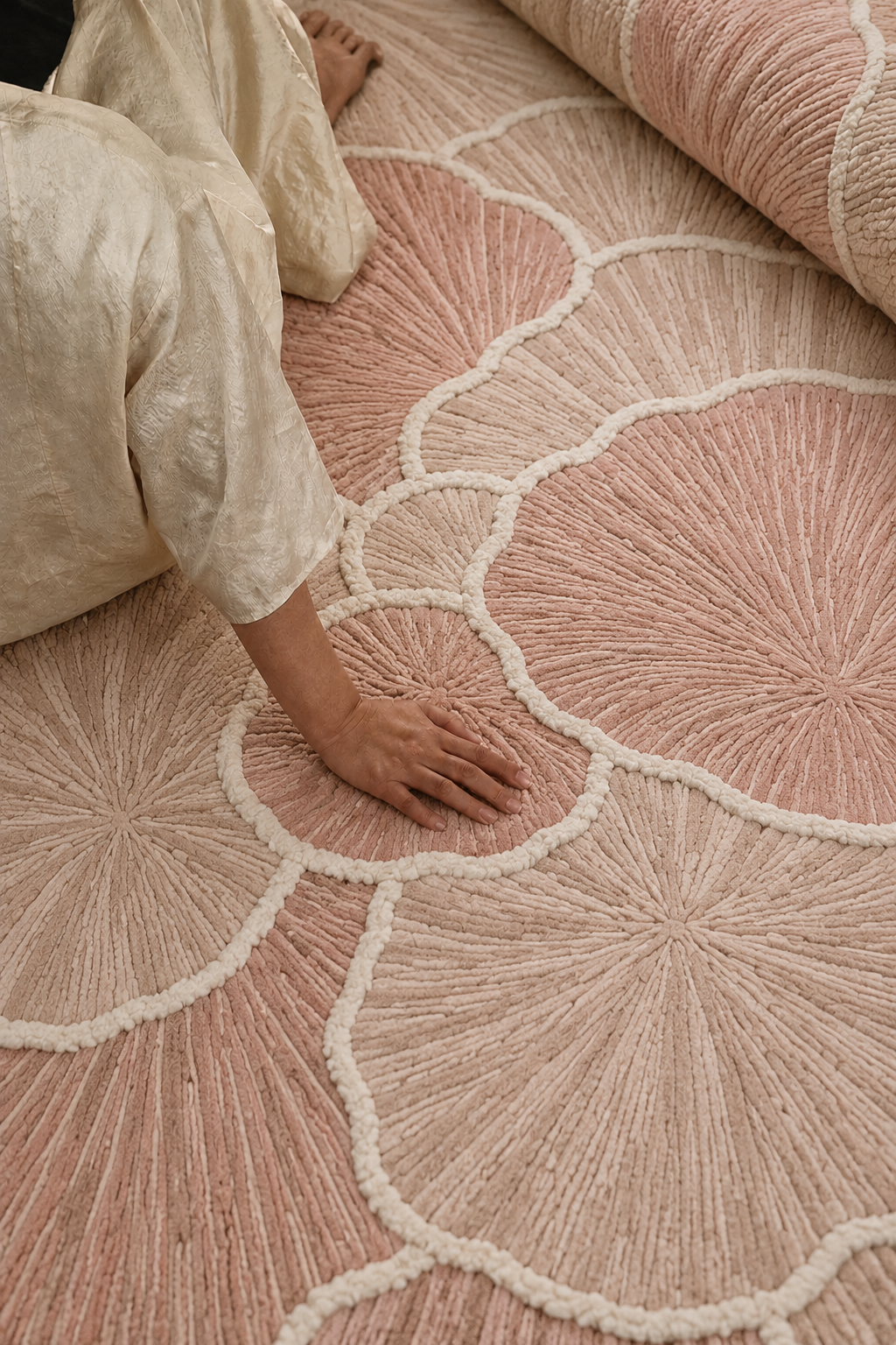 Hewn Earth Studio Petal blush and cream rug with a soft, floral-inspired design and elegant edge detailing.
