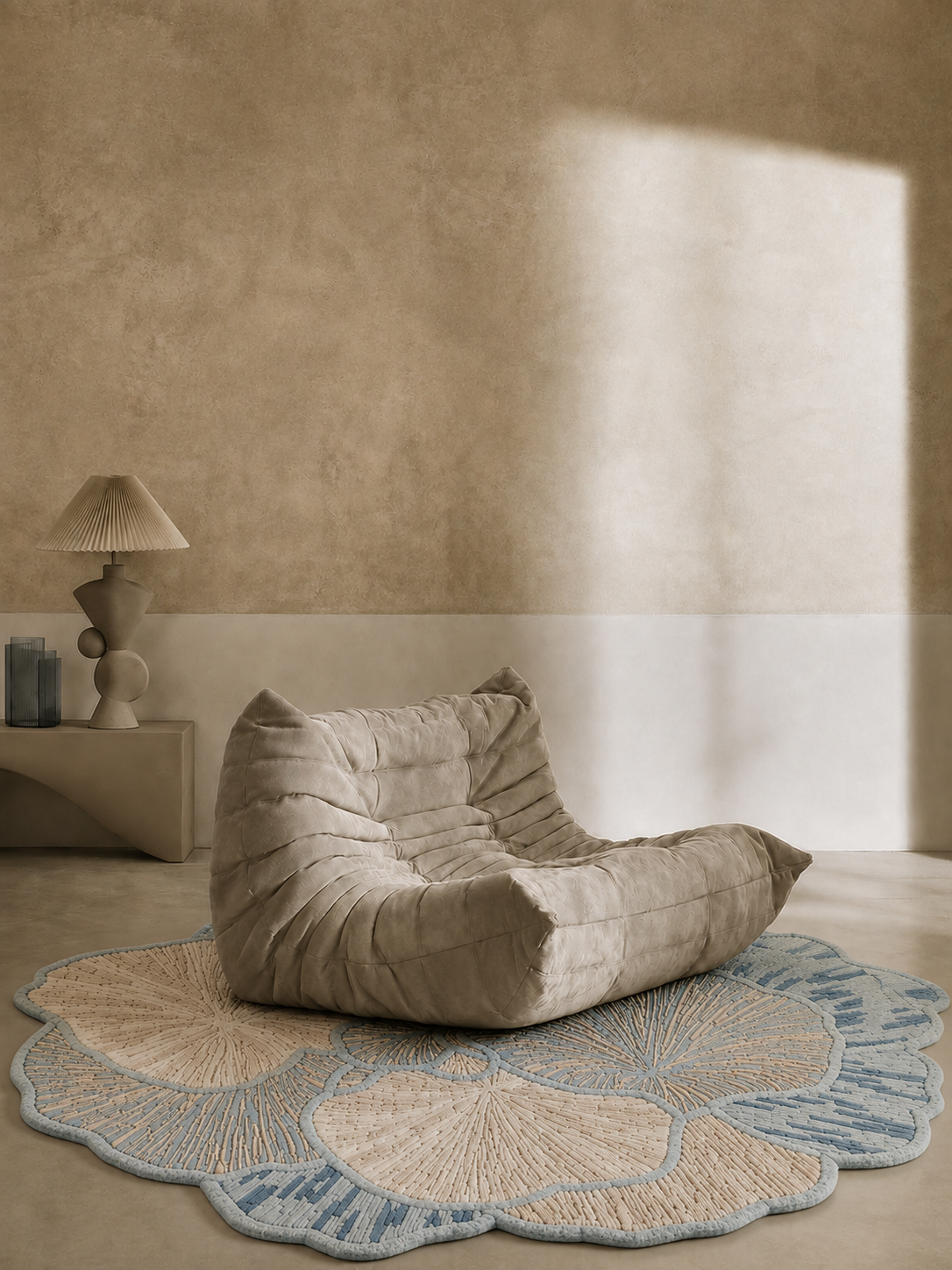 Hewn Earth Studio Petal rug in mist and cream, showcasing a soft, textured floral-inspired design suitable for cozy living spaces.