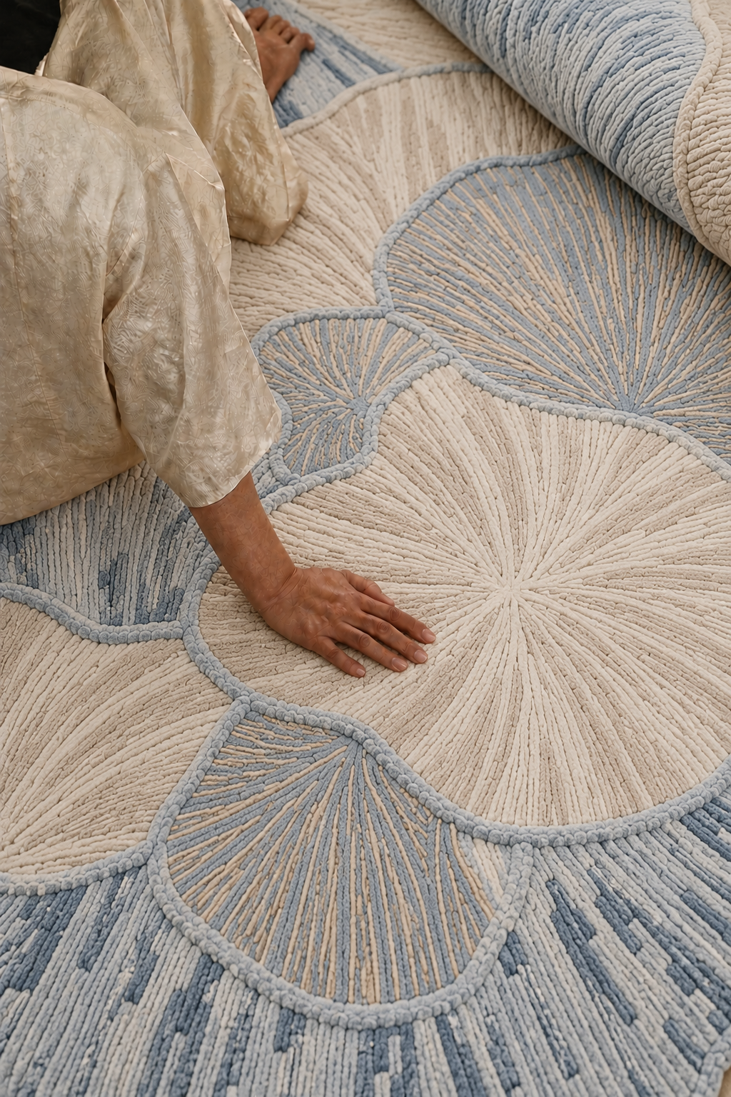 Hewn Earth Studio Petal hand-woven rug in mist and cream with floral petal design, soft textured area rug for cozy interiors