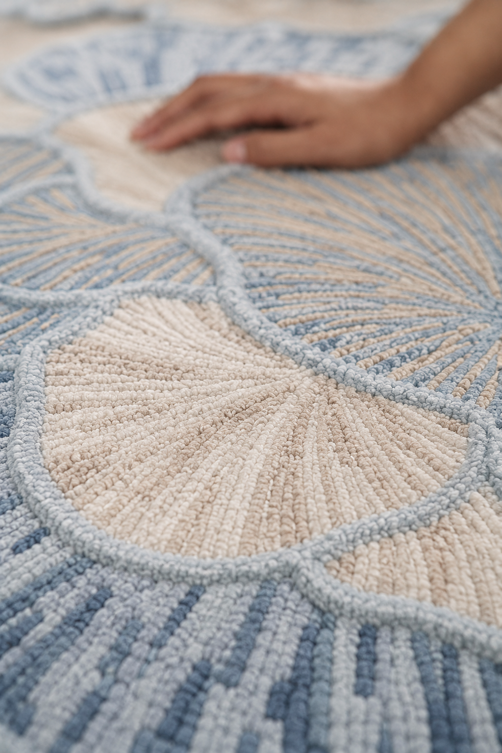 Hewn Earth Studio Petal rug with mist and cream floral design, soft textured handwoven rug for living room or bedroom decor
