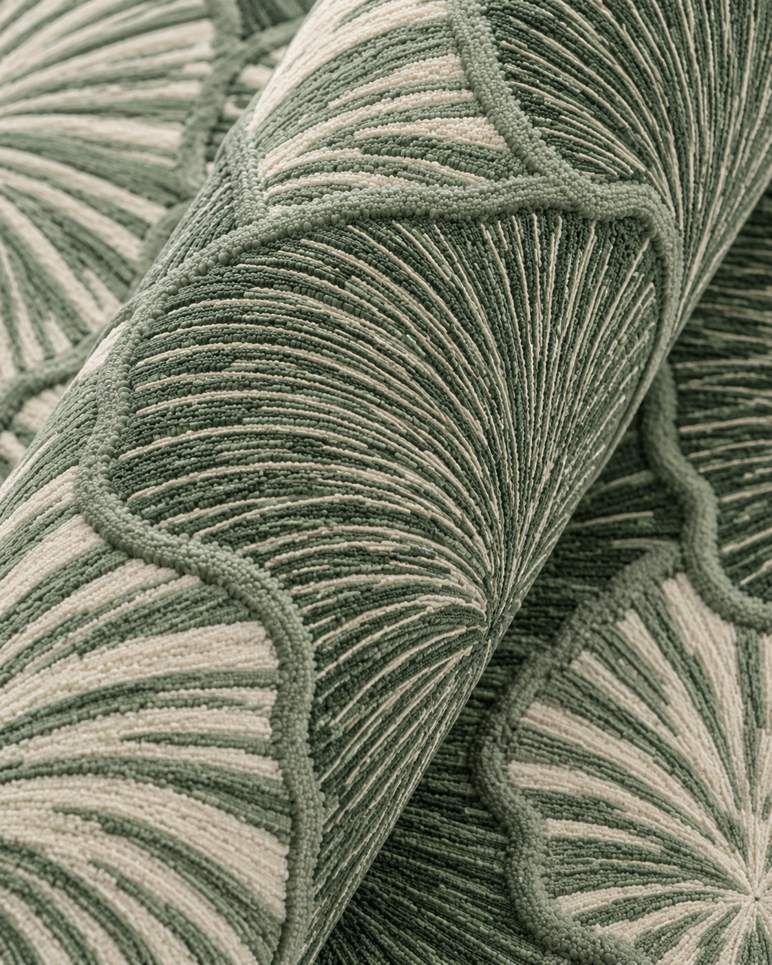 Hewn Earth Studio Petal rug in sage and cream with floral petal design, soft textured handmade rug for living spaces.