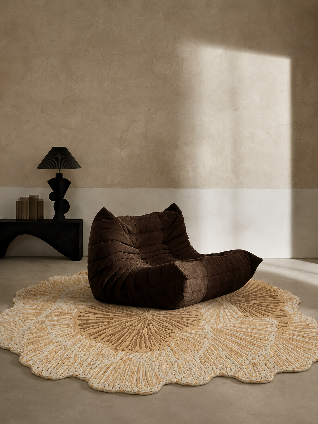 Hewn Earth Studio Petal rug in wheat and cream colors, showcasing a soft, textured design suitable for cozy living spaces.