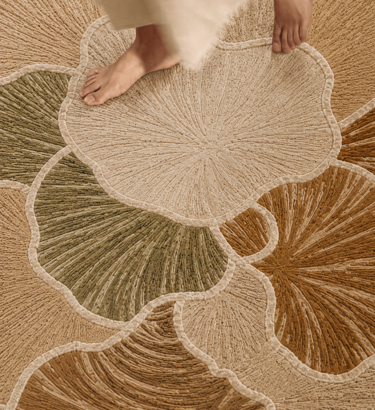 Close-up of Hewn Earth Studio's Petala rug in ochre meadow with detailed woven pattern and soft textile texture.