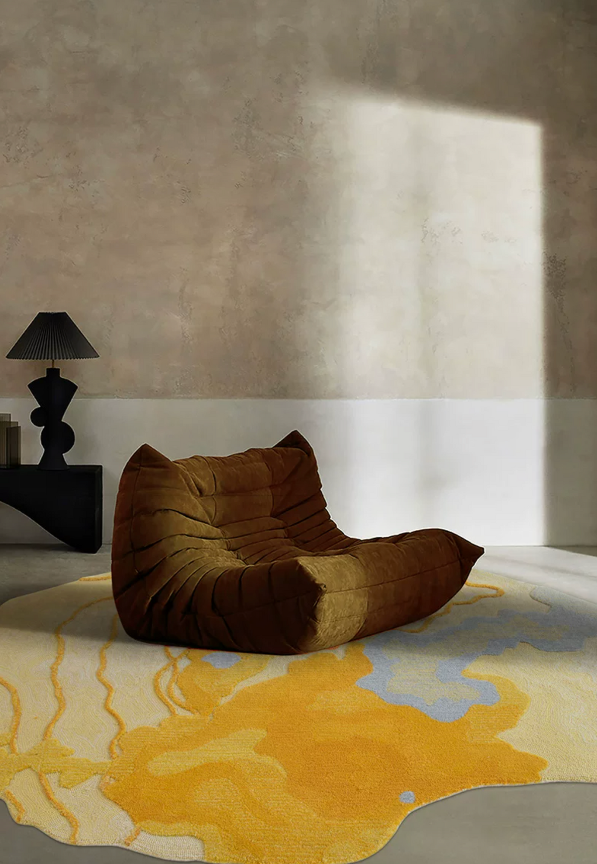 Hewn Earth Studio Strata saffron rug with geometric pattern, textured woven design, and vibrant warm tones, perfect for modern interiors.