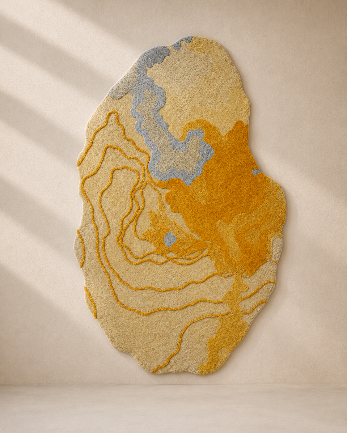 Hewn Earth Studio Strata rug featuring a saffron-colored geometric pattern on a neutral background.