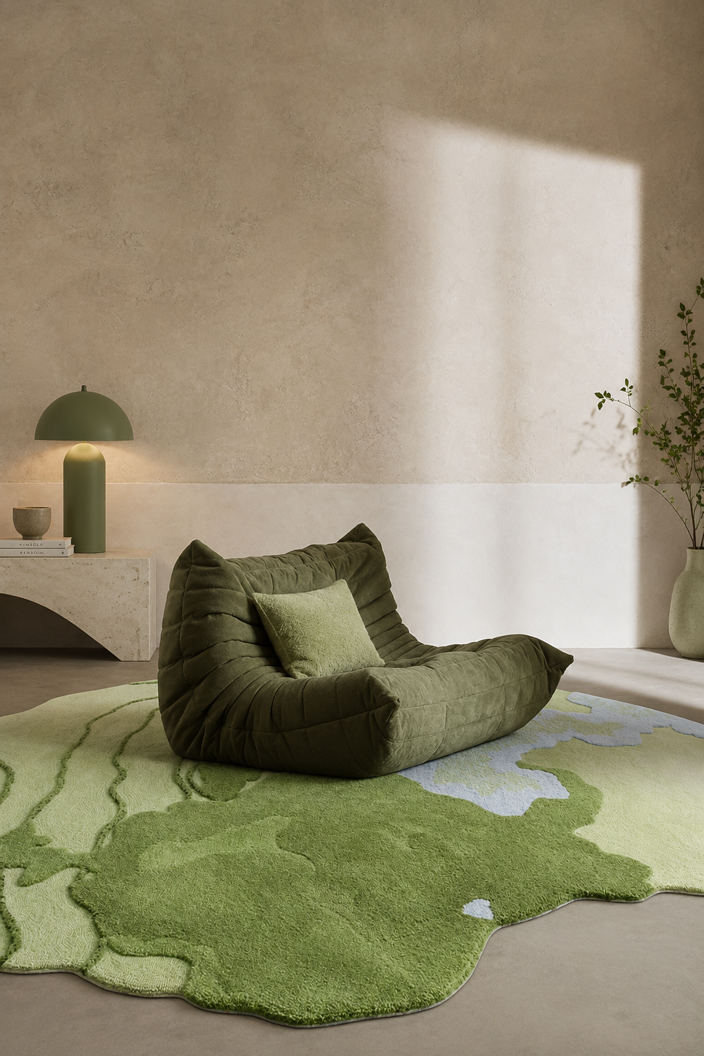 Hewn Earth Studio Strata rug in verdant green with layered geometric patterns, suitable for modern living room decor.