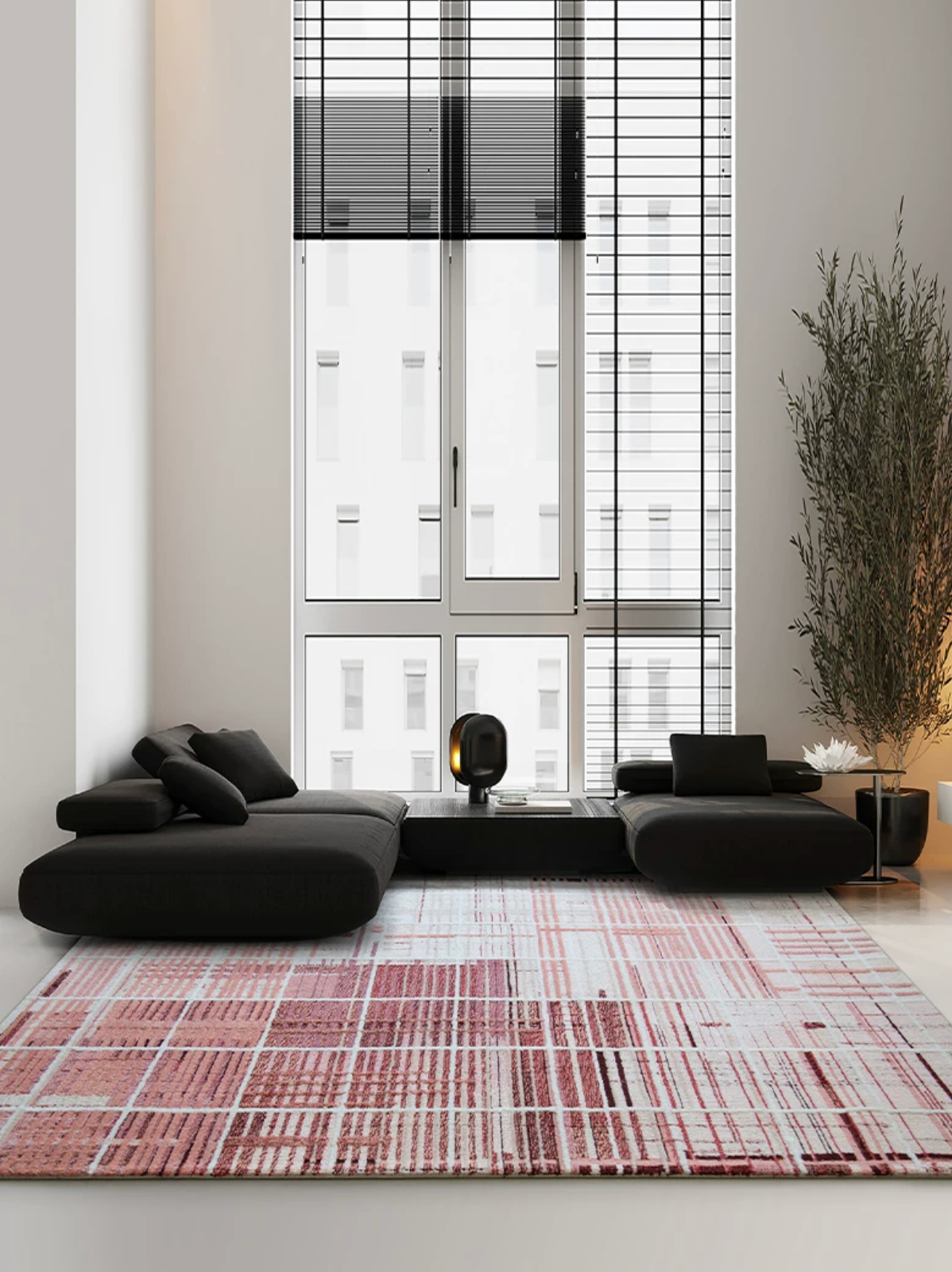 Hewn Earth Studio Weft rug in rose color with a woven pattern, displayed on a walk with natural light highlighting its texture.