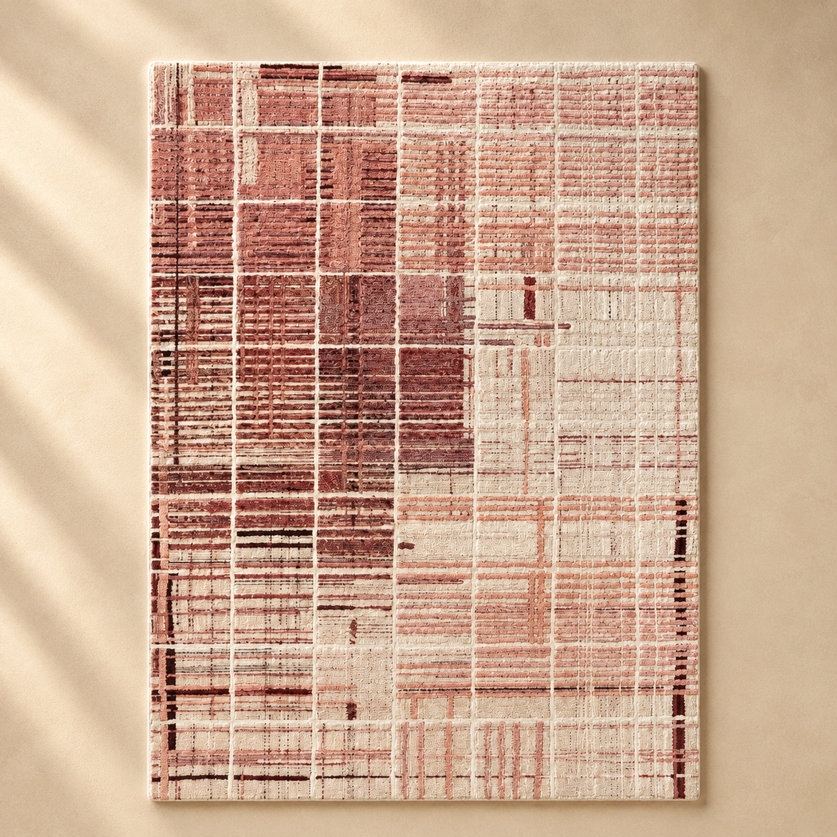 Hewn Earth Studio weft rug featuring a soft pink rose pattern, showcasing intricate woven textile design.
