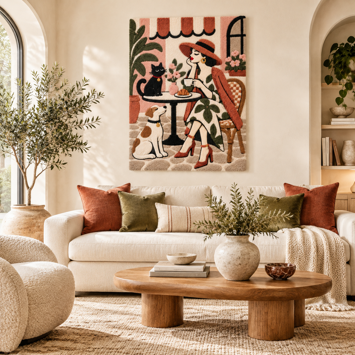 Rose-tinted café pause wall art by Hewn Earth, featuring a cozy indoor scene with warm, inviting lighting and stylish decor.